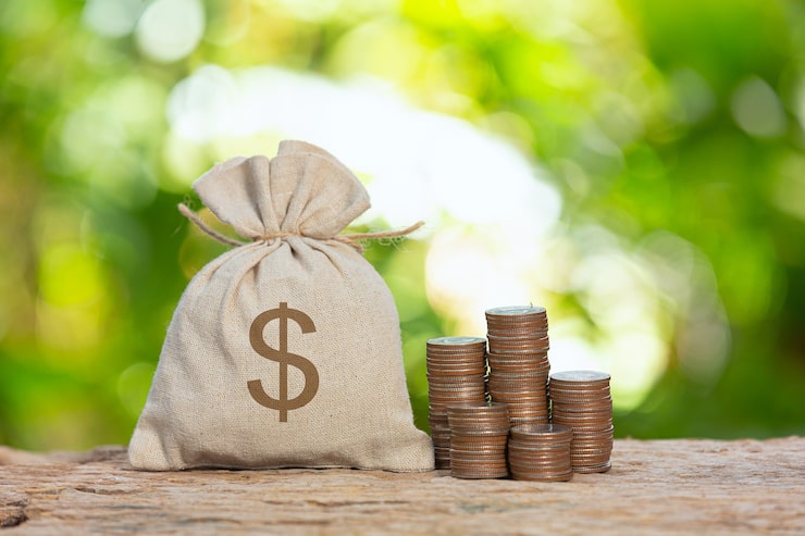 Money bag with dollar sign next to stacks of coins